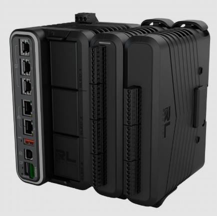 FlexEdge IIoT gateway with RS-232 and RS-485 ports mounted on DIN rail