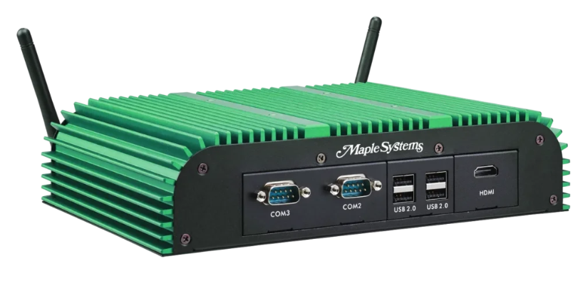 Maple Systems industrial PC card Intel 12th gen fanless rugged computer front view