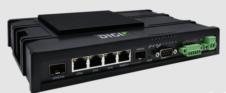 Digi IX40 industrial IoT router side panel with RS232 and I O ports