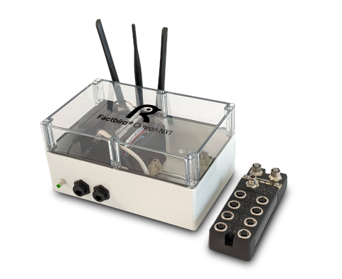 Factbird Omron NX1 industrial controller front view with IO modules