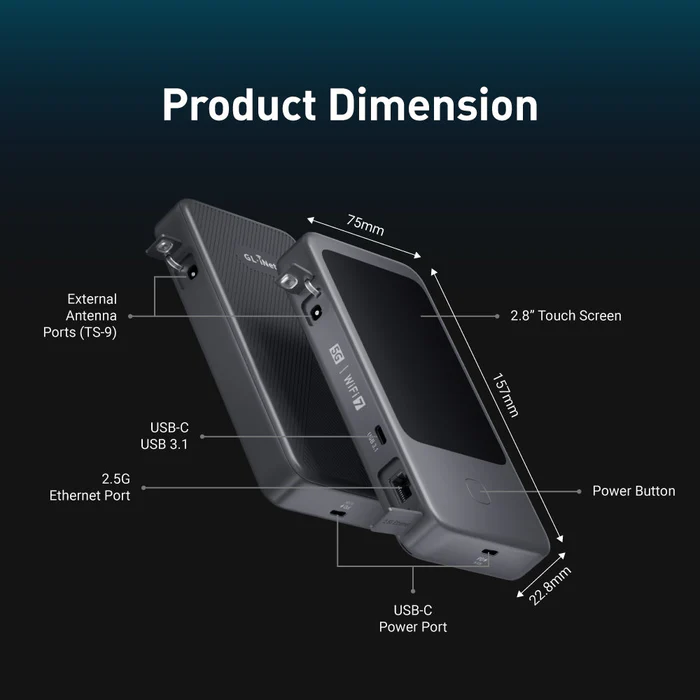 GL.iNet Mudi 7 (GL-E5800), 5G NR Tri-band Wi-Fi 7 Travel Router