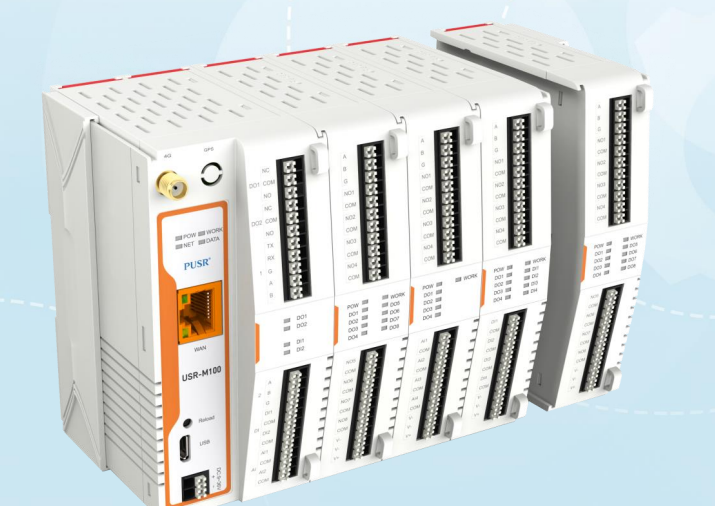 PUSR USR M100 gateway side view with RS485 and RS232 interface ports