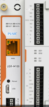 Industrial 4G I O gateway PUSR USR M100 showing DIN rail mounting design