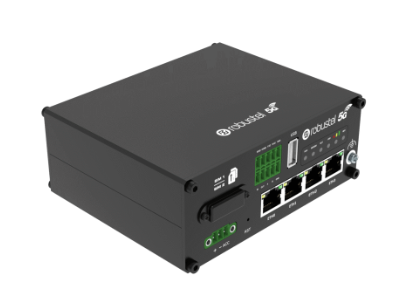 Robustel R5020 industrial router mounted on DIN rail with full connectivity