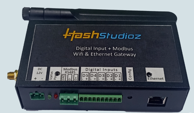Modbus RS485 to Ethernet WiFi gateway by Hash Studioz DIN rail mounted industrial unit with antennas