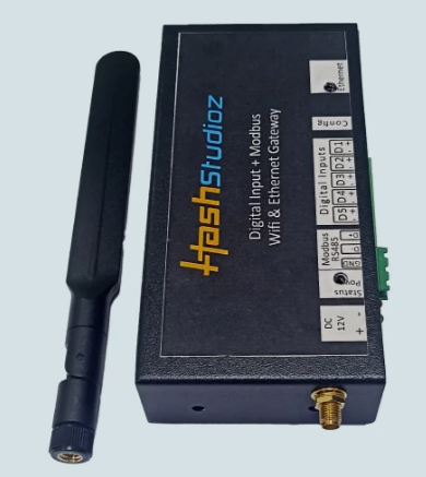 Hash Studioz Modbus RS485 Ethernet gateway showing screw terminals RS485 wiring and LAN port
