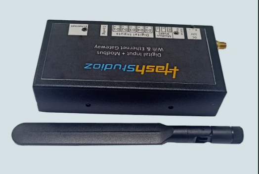 industrial Modbus gateway Hash Studioz WiFi enabled device with LED indicators and external antenna