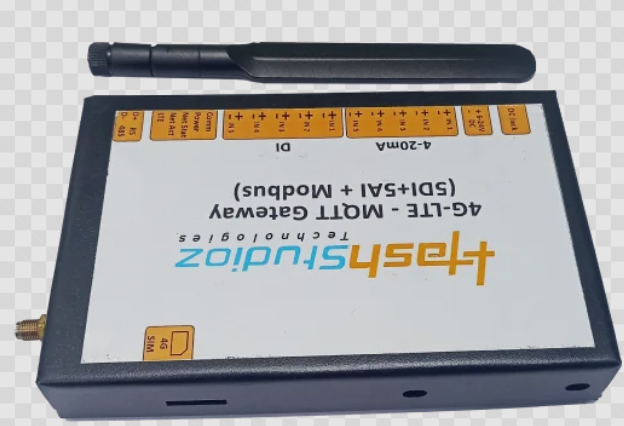 Hash Studioz RS485 Modbus gateway showing screw terminals and SIM slot for LTE connectivity