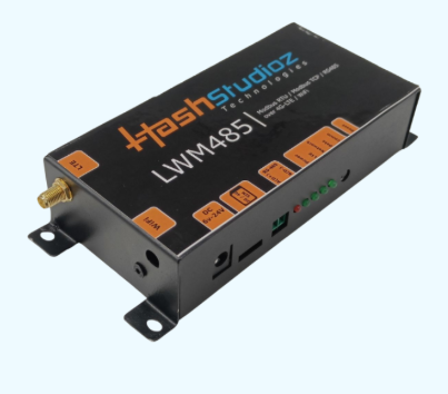 RS-485 IoT gateway close-up of serial ports and Ethernet interface with labeled connectors