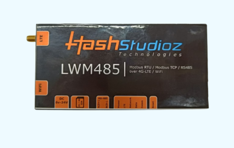 RS-485 IoT gateway front panel showing RS232, RS485, and LAN interface connections