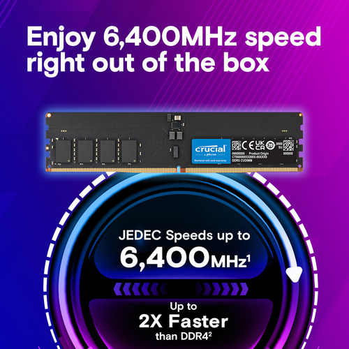 Crucial 288-pin DIMM 32GB DDR5 memory module top angle