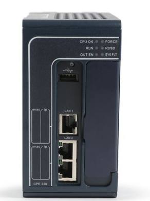 Emerson RX3i CPE330 PLC controller front view with energy pack