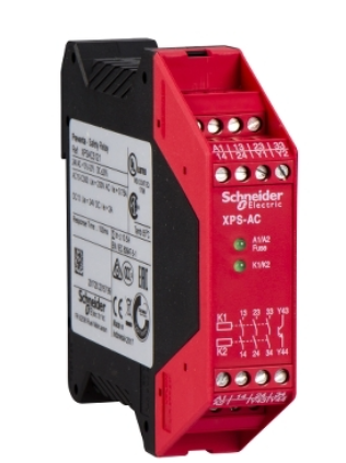 Schneider Electric XPSAC safety relay module DIN rail mounted with screw terminals and LED indicators for emergency stop circuits