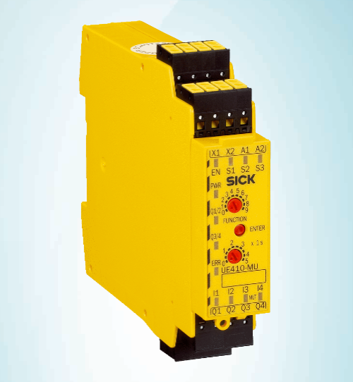 Sick UE410 safety relay module compact DIN rail mounting design