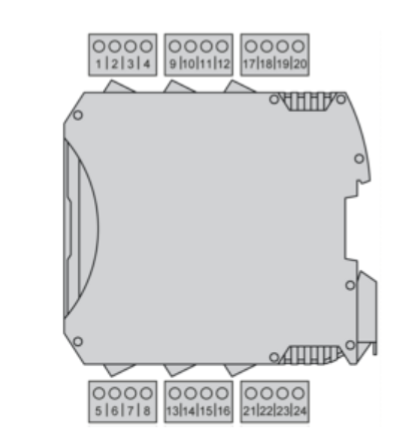 Modicon MCM safety controller terminal layout displaying input and output labeling