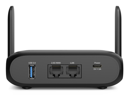 TP-Link BE3600 portable router with Ethernet LAN ports close up