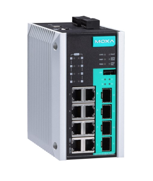 Moxa EDS-G512E, 12-Port Switch, 8 PoE+ & 4 SFP Slots Gigabit Managed Switch