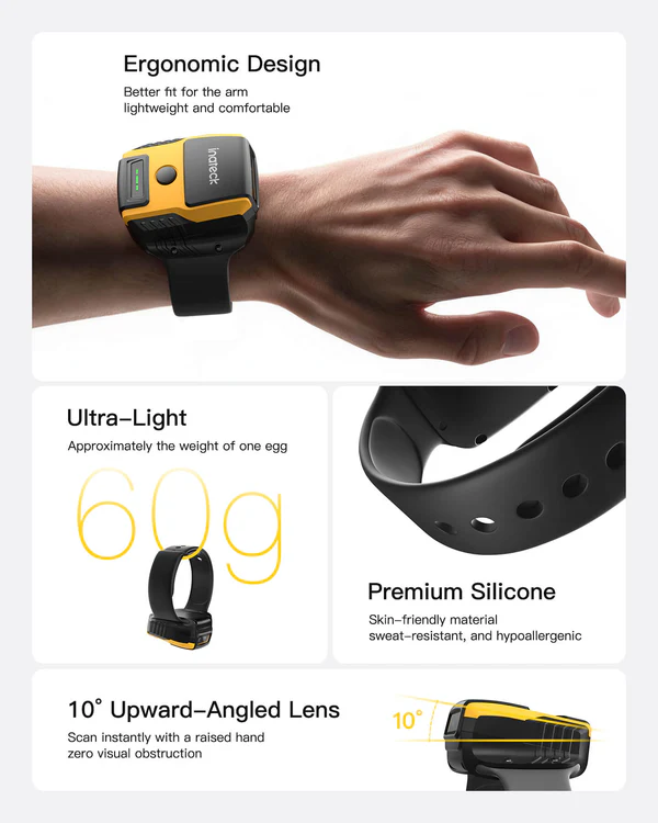 Inateck Nano 370, 1280 x 800 CMOS, 800mAh battery, 2D Wearable Barcode Scanner