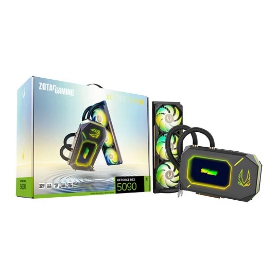 ZOTAC RTX 5090 liquid cooled GPU ARCTICSTORM AIO close up