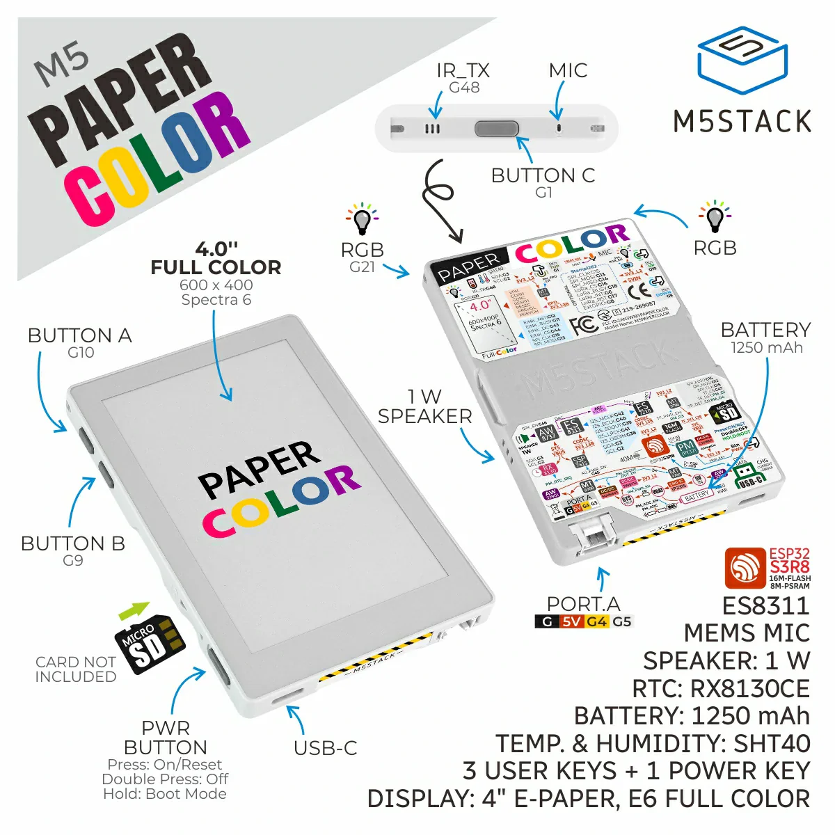 M5Stack M5Paper Color, 600x400 4" SPECTRA 6 eInk Display ESP32S3 Development Kit