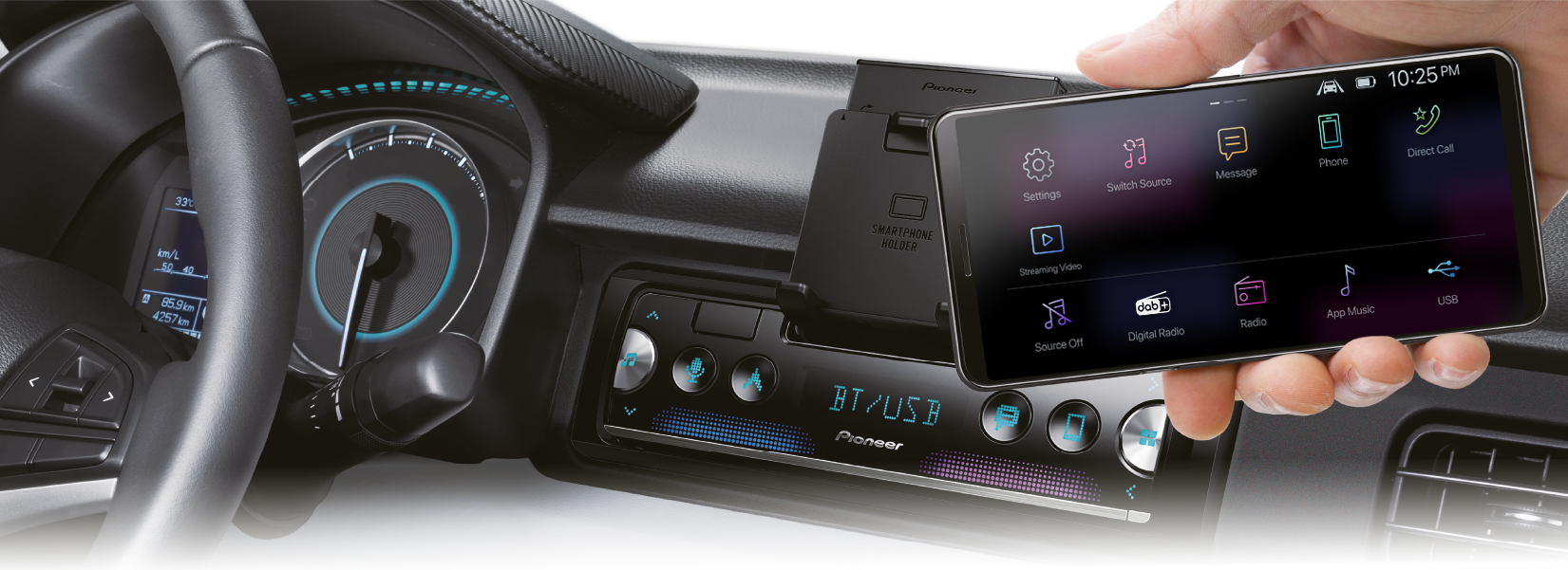 Pioneer SPH-20DAB, 1-DIN Reciever with DAB+/Bluetooth Built-in Smartphone Cradle