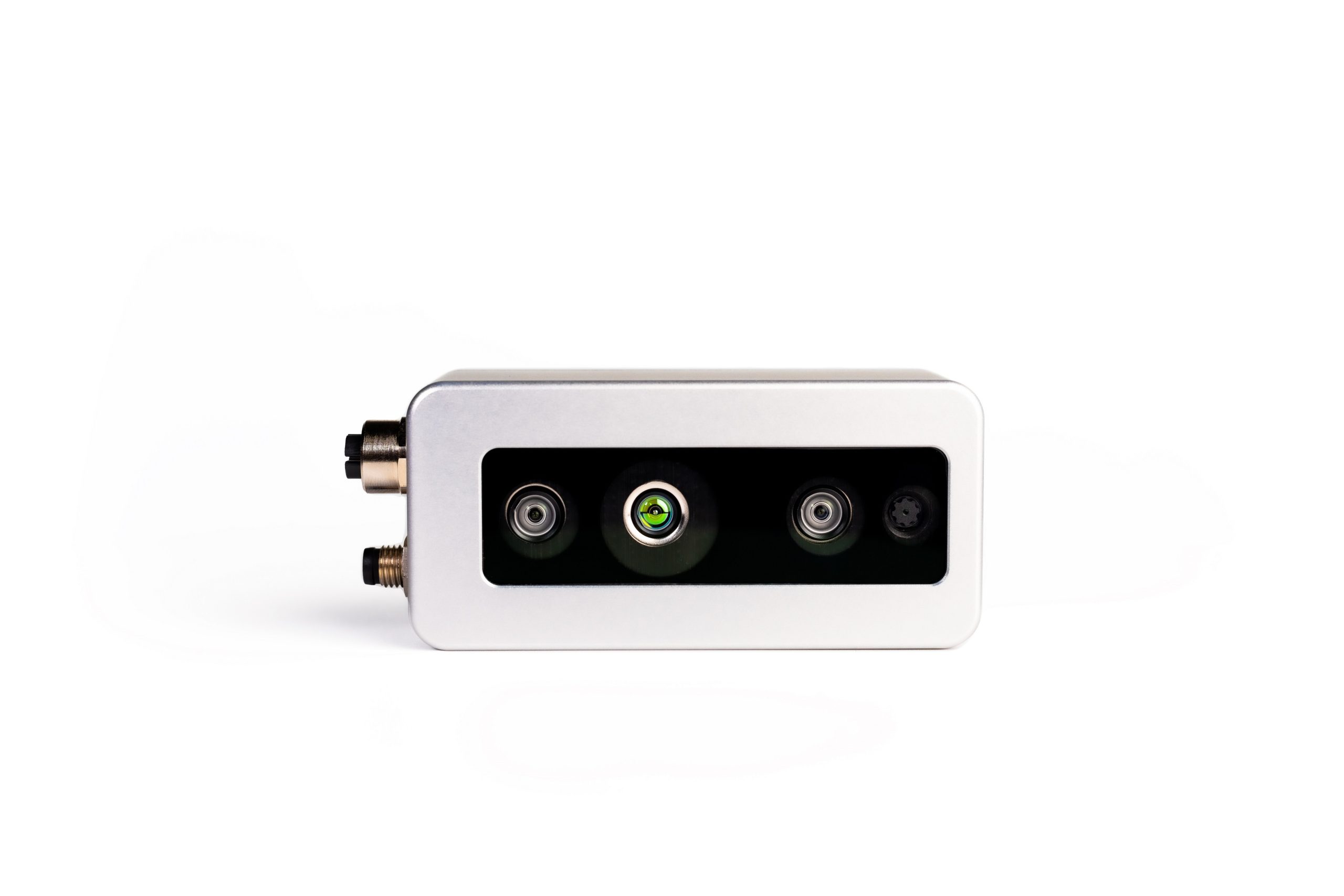 FRAMOS D435e depth camera front view with stereo IR sensors and GigE PoE port