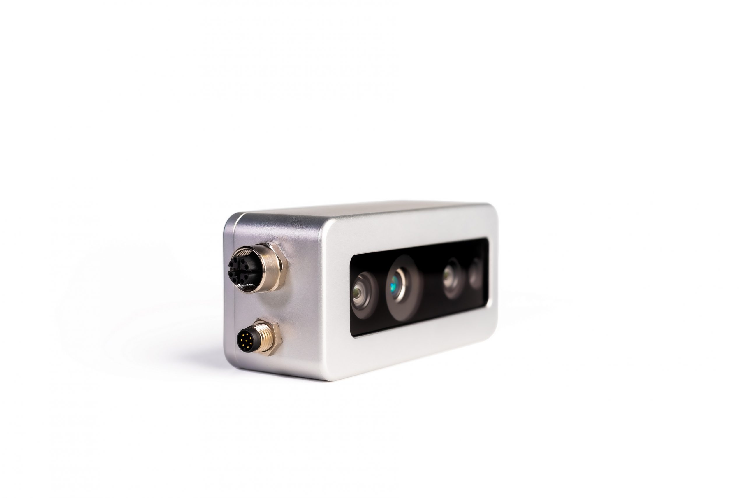 FRAMOS D435e depth camera close up showing dual lens active IR stereo system