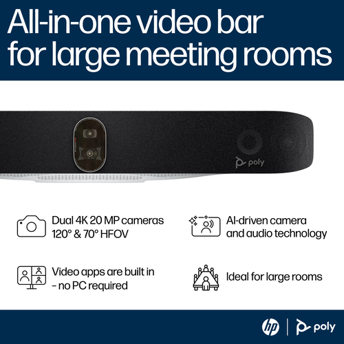 HP Poly Studio X72 AIO Video Bar, Video collaboration bar, 4K Ultra HD, Black