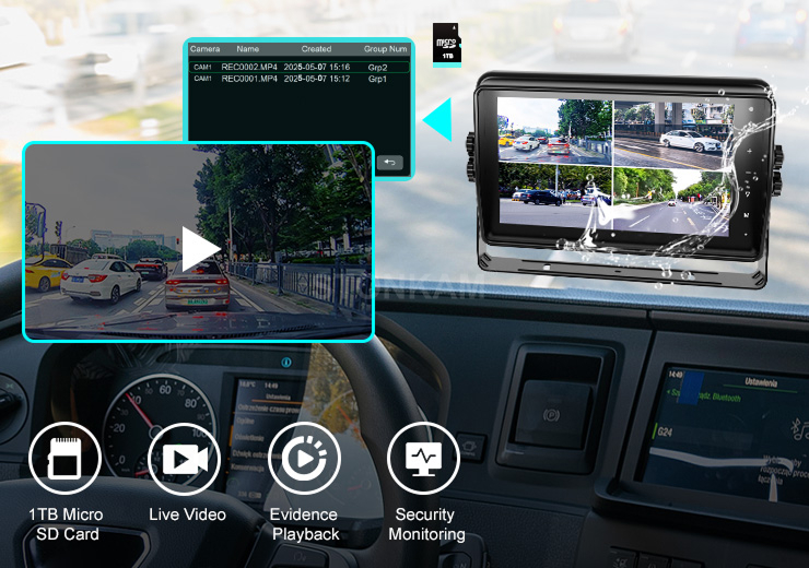 HD277R 7'' HD Waterproof Vehicle Video Recording Quad Monitor