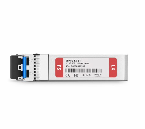 Top-down view of FS.com GLC-LH-SMD 1000BASE-LX SFP module with barcode and certification marks