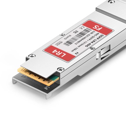 Fs.com QSFP-LR4-40G transceiver angled view showing gold edge connector and red LR4 label