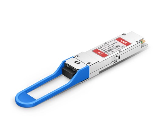 FS.com QSFP-LR4-40G transceiver with blue pull-tab and LC/UPC ports
