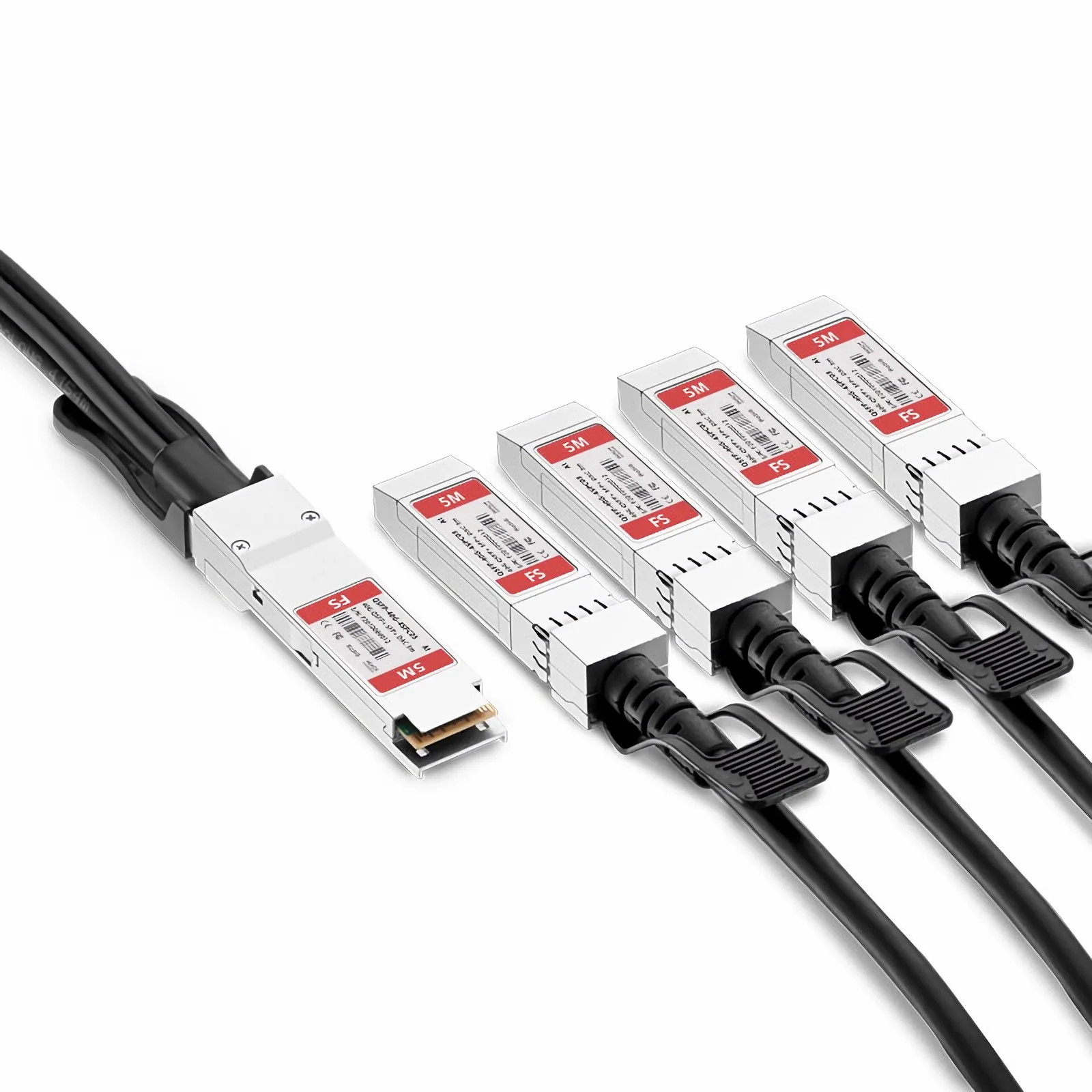Side view of Fs.com QSFP-40G-4SPC05 breakout cable highlighting 5m length and SFP+ connectors