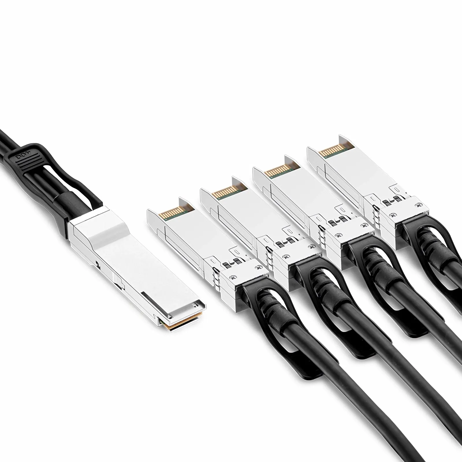 FS.com QSFP-40G-4SPC05 passive copper breakout cable showing QSFP+ to 4 SFP+ connectors