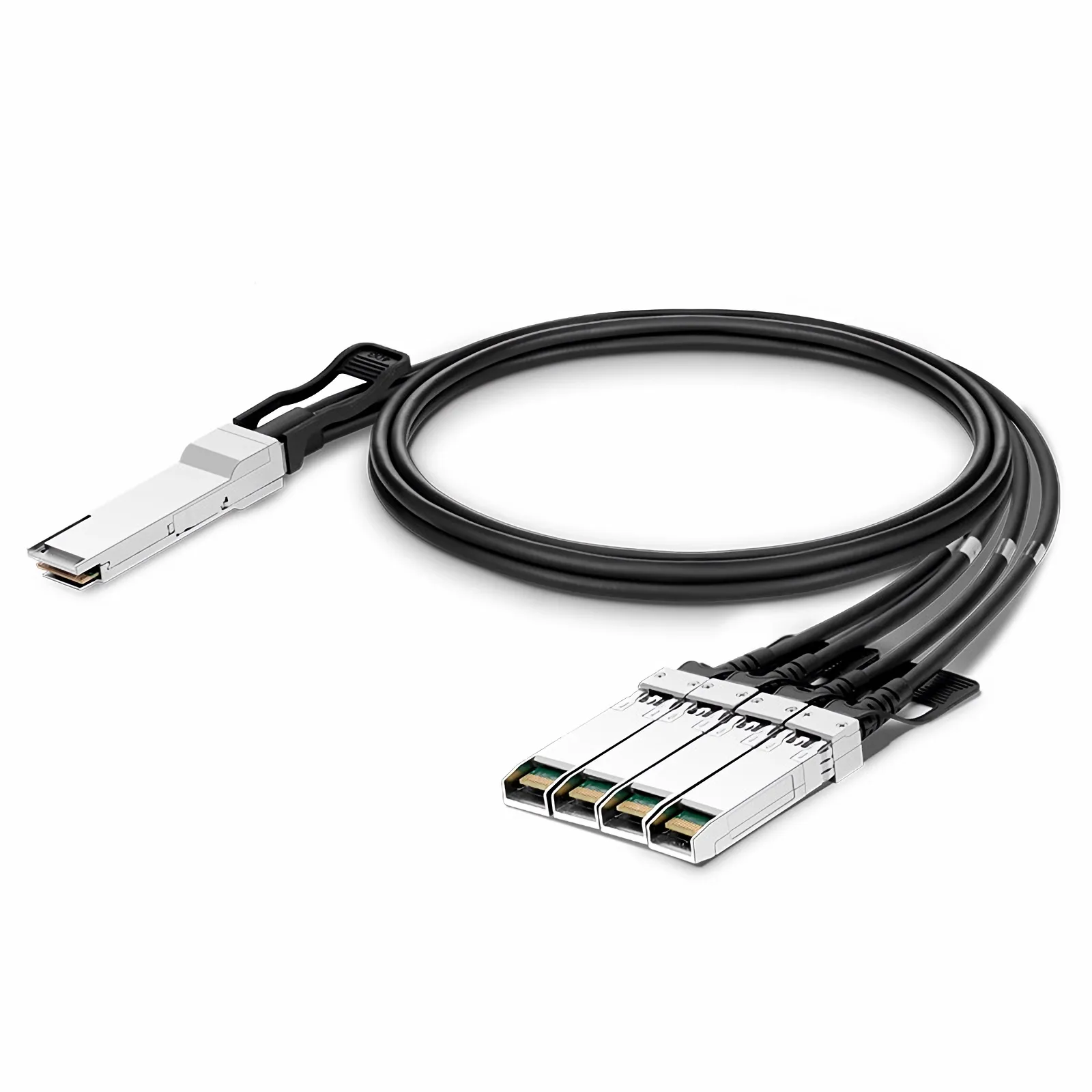 Close-up of Fs.com QSFP-40G-4SPC05 passive copper cable showing 40G QSFP+ to 4 SFP+ ports