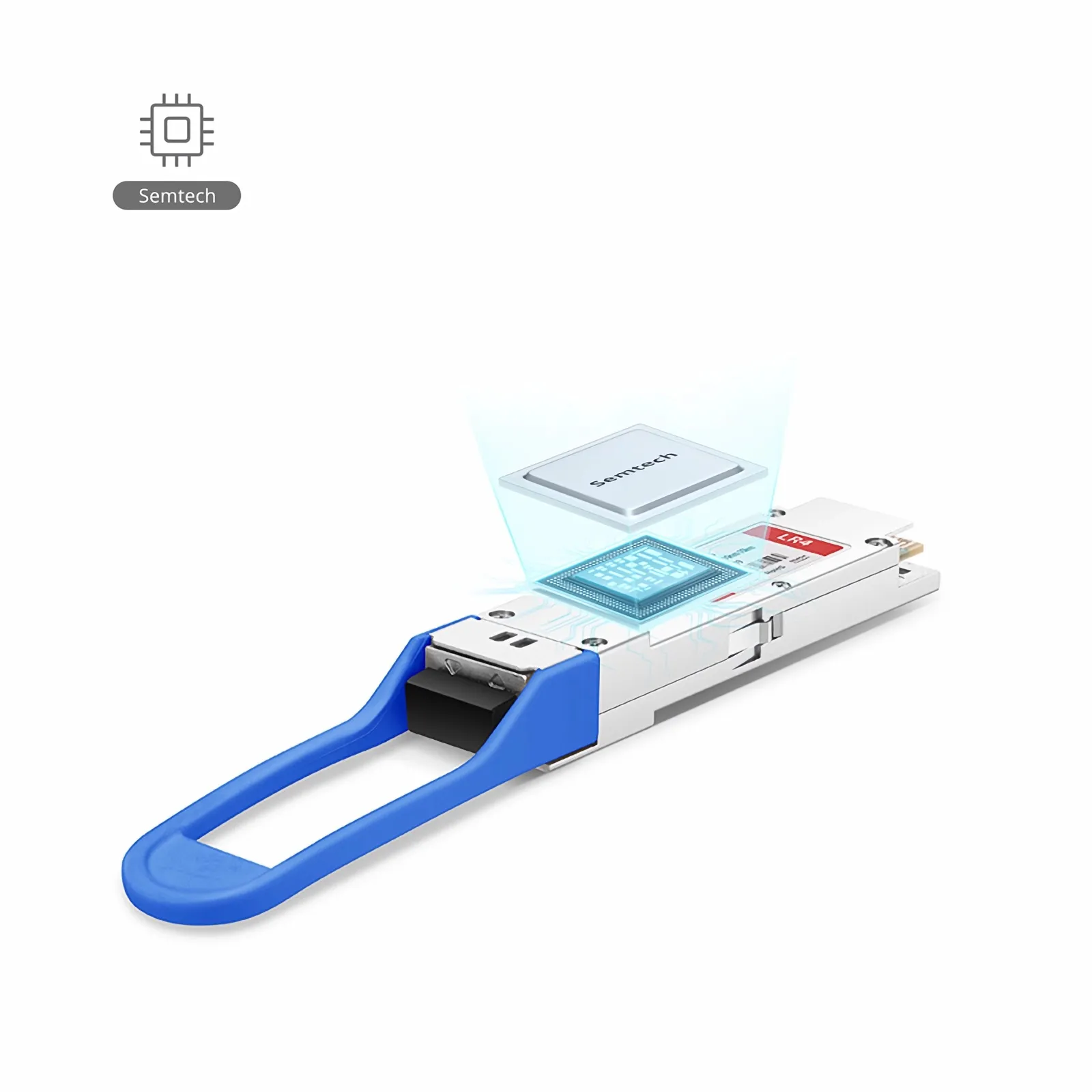 QSFP-100G-LR4-S transceiver with blue pull tab and Semtech chip shown in exploded view
