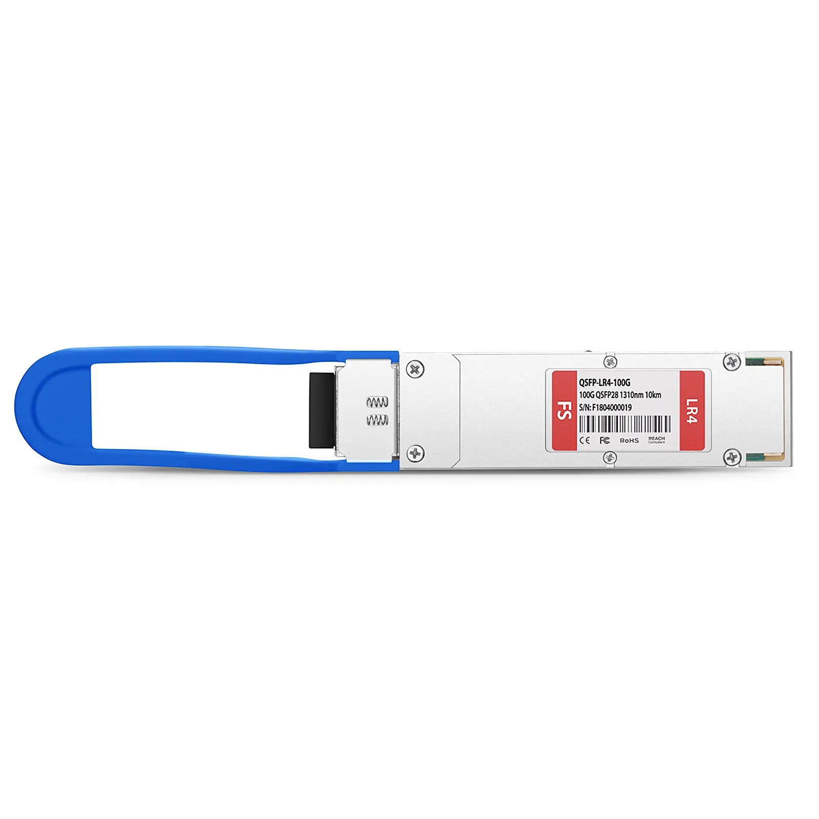 Top view of FS.com QSFP28 100G LR4 module showing label, barcode, and blue latch