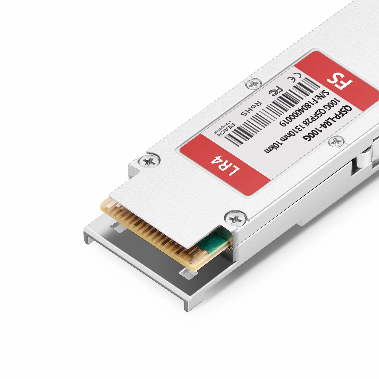 Close-up of QSFP-100G-LR4-S gold edge connector and LC port details