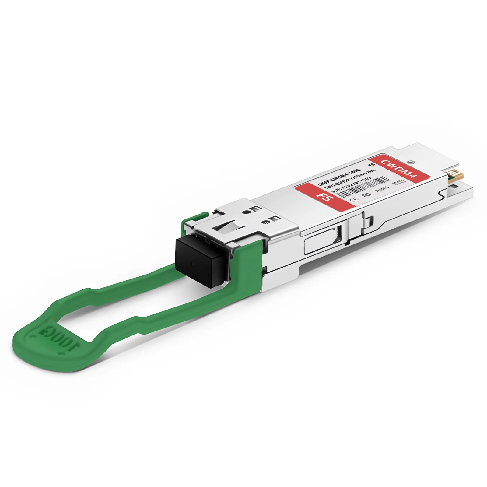 FS.com QSFP-CWDM4-100G transceiver with green pull tab and LC/UPC connector