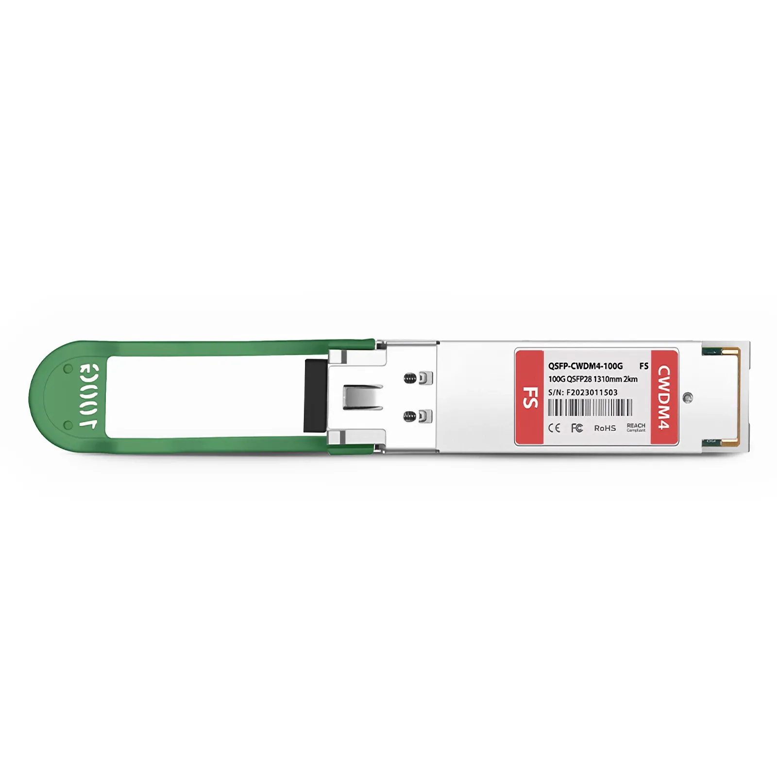 FS.com QSFP-CWDM4-100G transceiver with green latch and gold edge connector