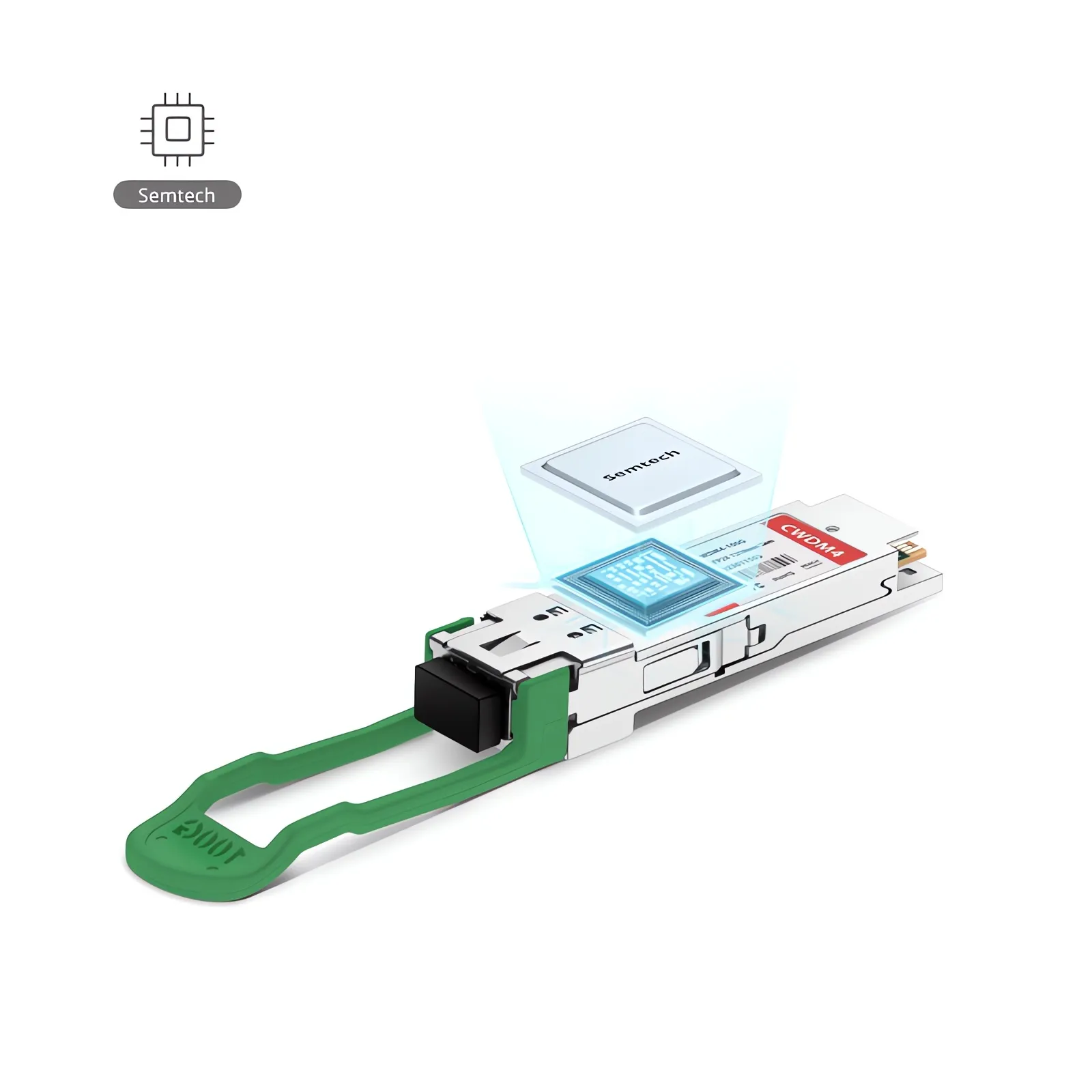 FS.com QSFP-CWDM4-100G transceiver highlighting internal Semtech chip