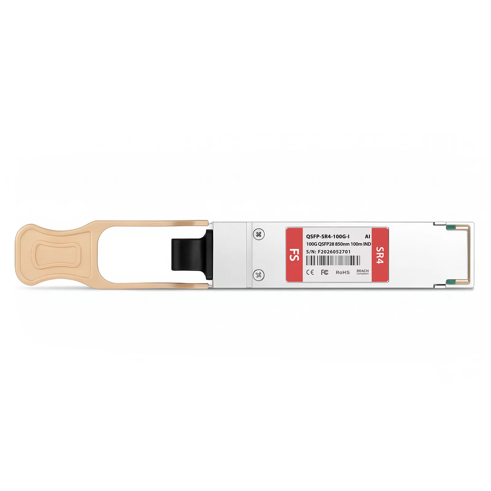 Top-down view of 100G QSFP28 transceiver showing SR4 label and MPO connector