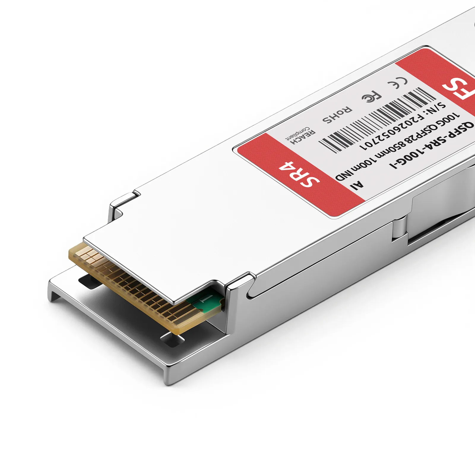 FS.com QSFP-100G-SR4-I transceiver module with gold edge connector and SR4 label