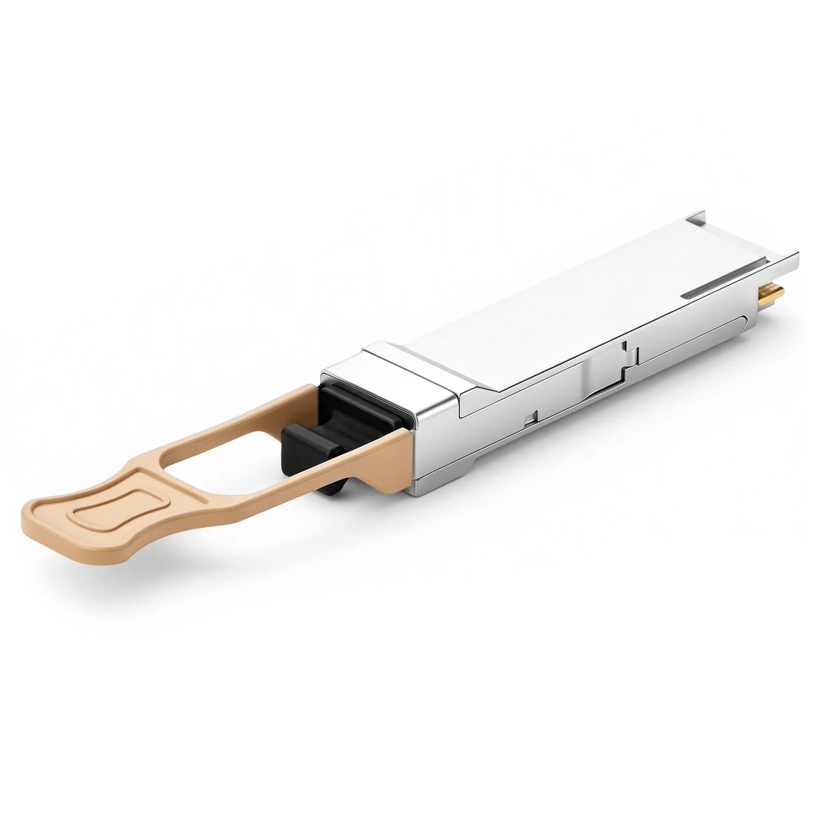 Side profile of 100G QSFP28 transceiver highlighting gold edge connector and latch