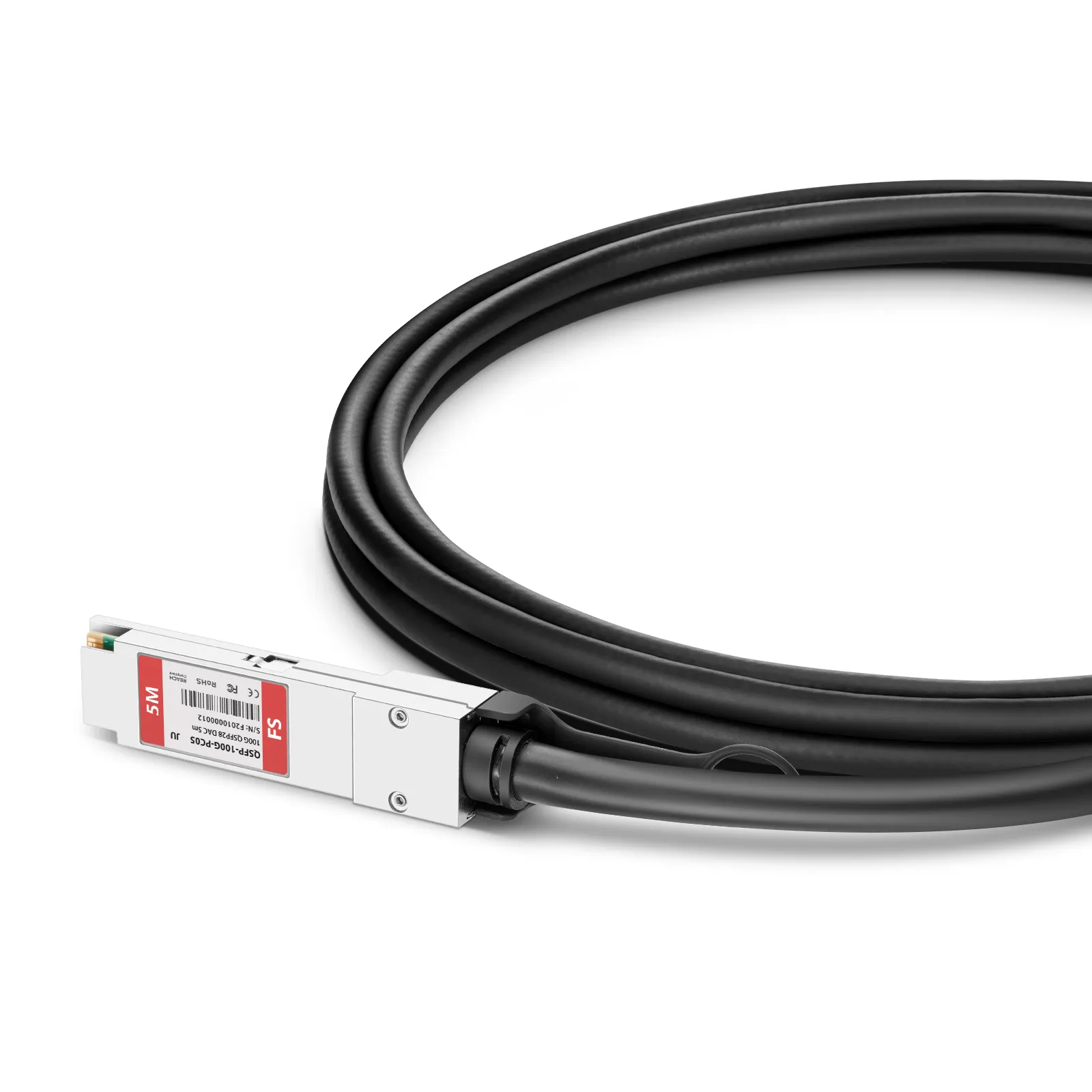Coiled 5m QSFP-100G-PC05 direct attach cable with red label and black PVC jacket