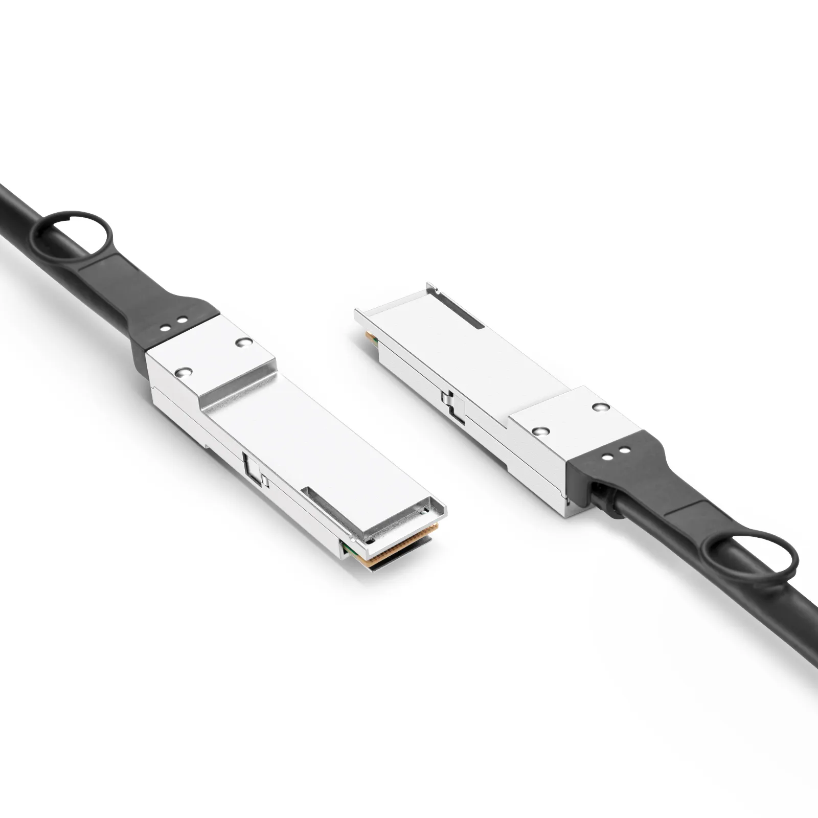 Close-up of QSFP-100G-PC05 passive copper twinax cable connectors showing metal housing and strain relief