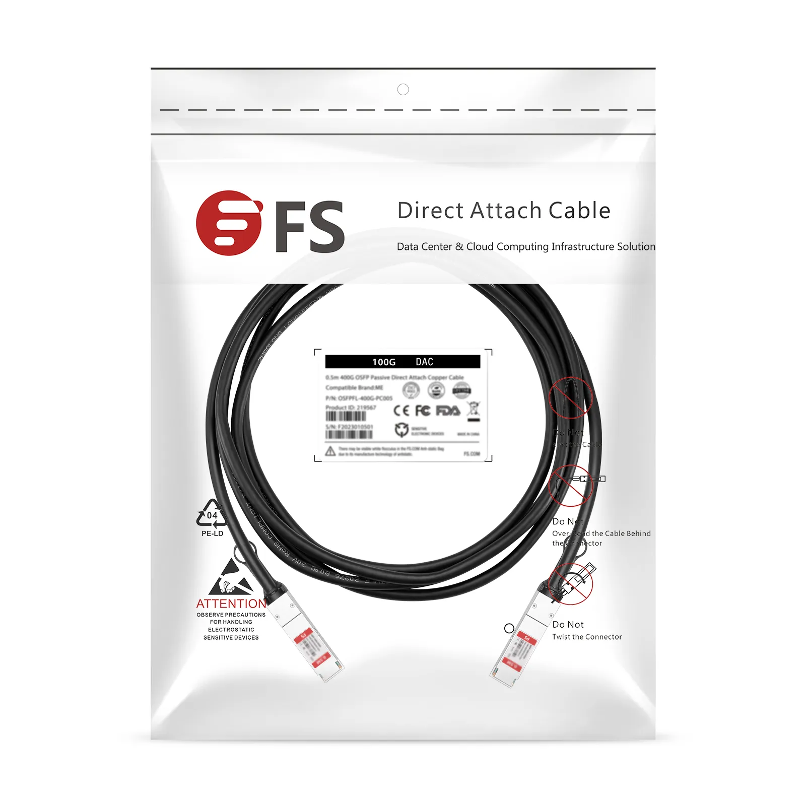 FS.com QSFP-100G-PC05 100G passive copper twinax cable in anti-static packaging