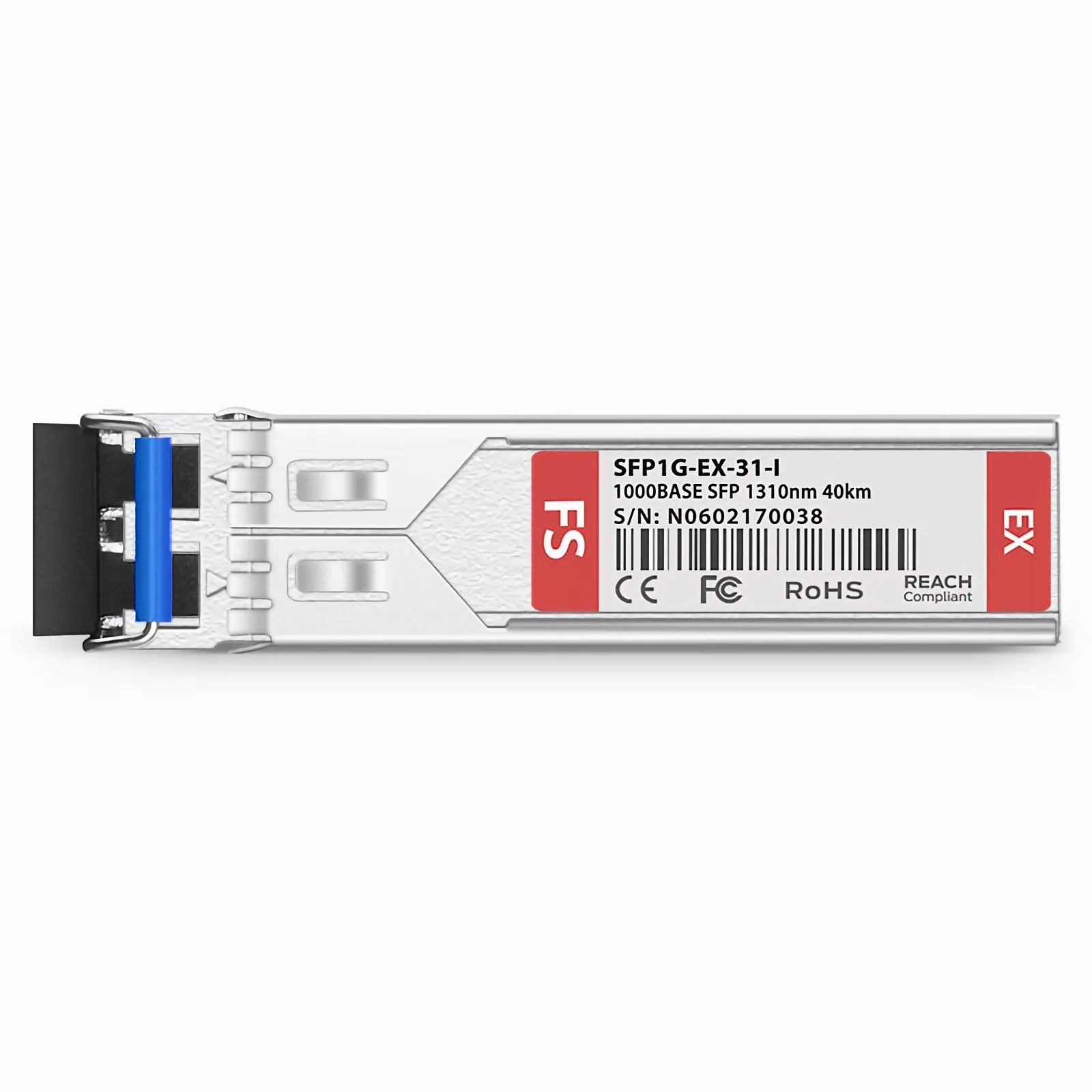 Top view of FS.com 1000BASE-EX SFP module showing 1310nm 40km specs and serial number