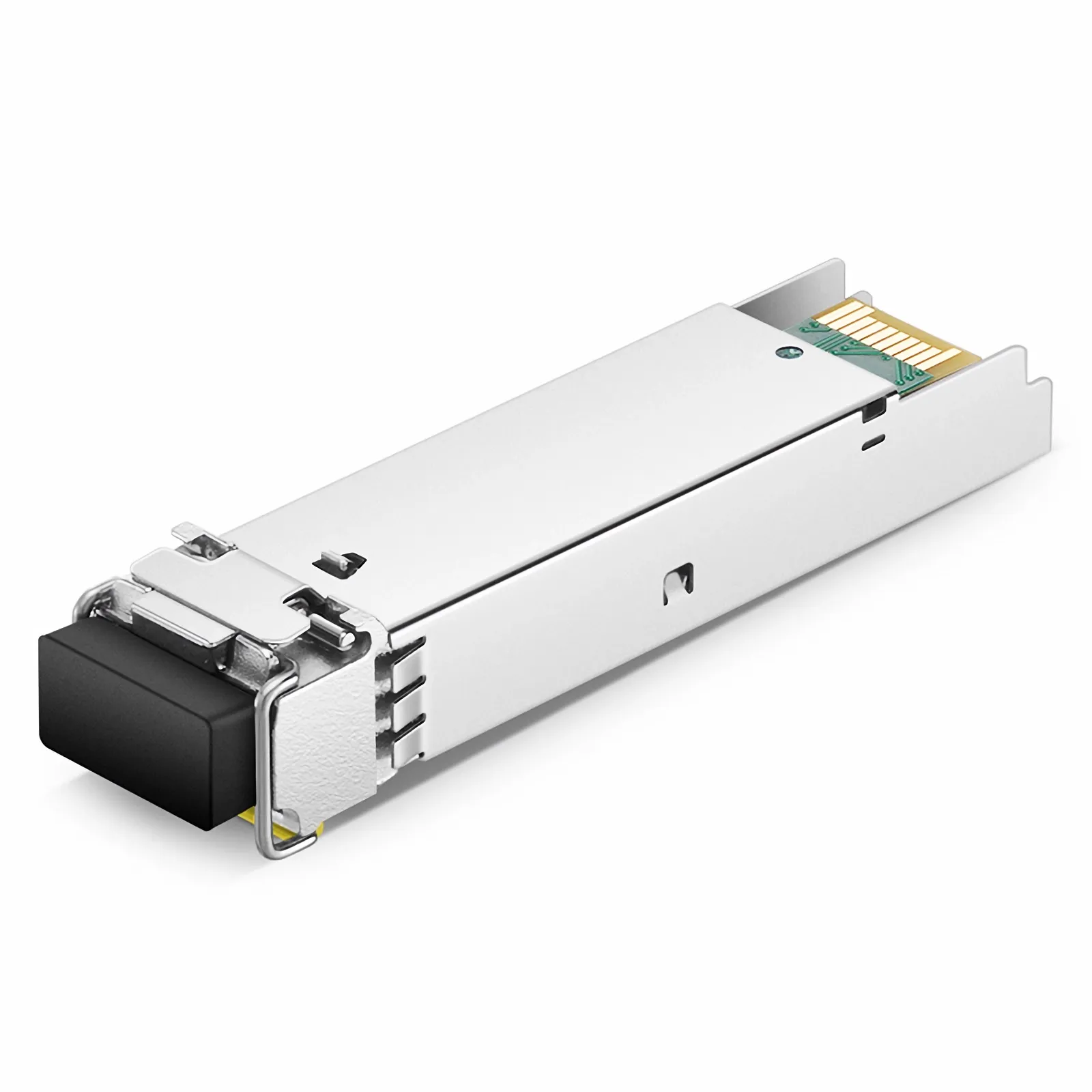 Rear view of FS.com SFP transceiver revealing gold edge connector and LC port