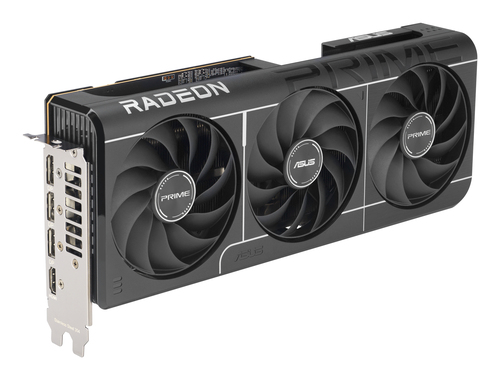 ASUS Prime RX 9070 graphics card I/O ports and side profile view